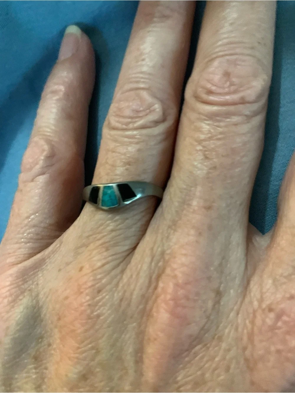 Vintage COP Silver-Tone Ring with Inlaid Faux Turquoise and Onyx Stones